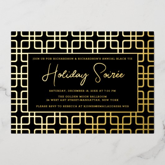 Geometrische Patroon Black Gold Holiday Party Folie Uitnodiging (Voorkant)