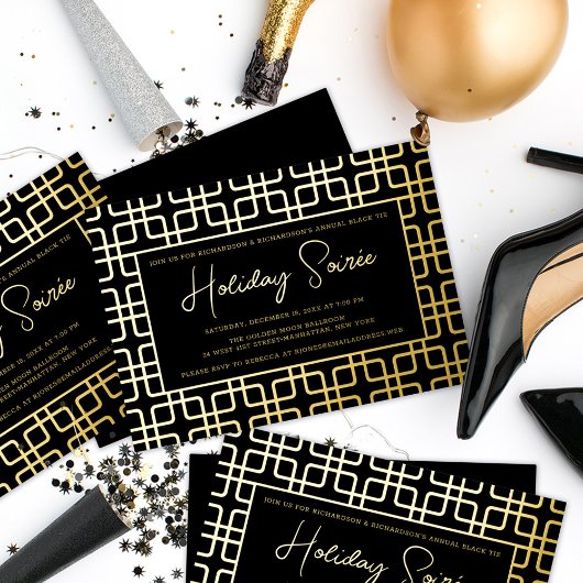 Geometrische Patroon Black Gold Holiday Party Folie Uitnodiging