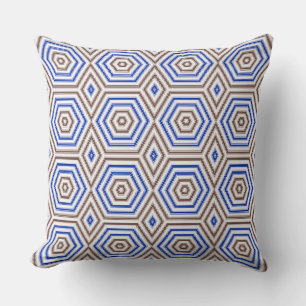 Geometrische patroonfiguren retro bruin blauw kussen
