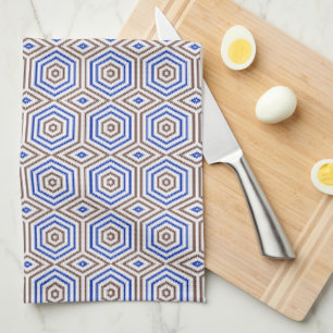 Geometrische patroonfiguren retro bruin blauw theedoek