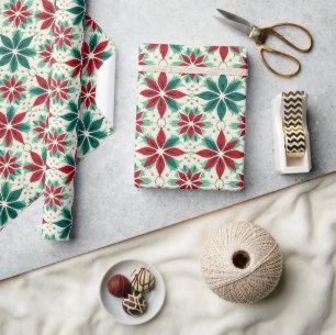 Geometrische Poinsettia Rood Groen Xmas Patroon Gi Cadeaupapier