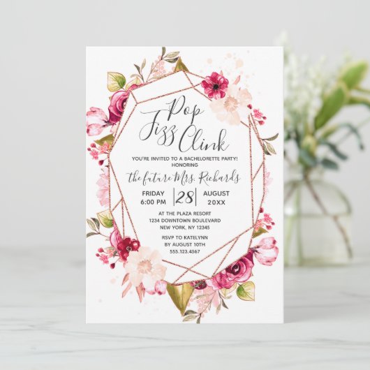 Geometrische Pop Fizz Clink Bachelorette Party Inv Kaart (Staand voorkant)