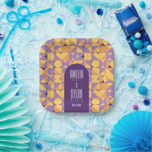 Geometrische Retro Vibes Herfst bruiloft Papieren Bordje (Feest)