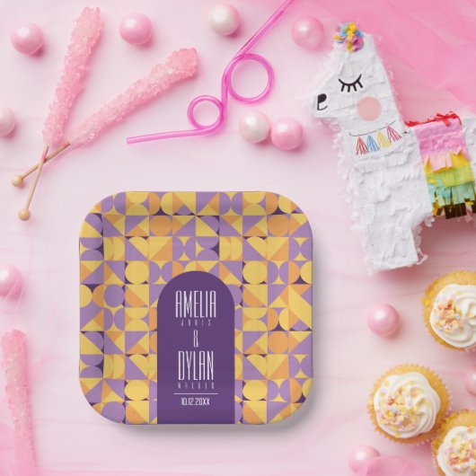 Geometrische Retro Vibes Herfst bruiloft Papieren Bordje (Feest)