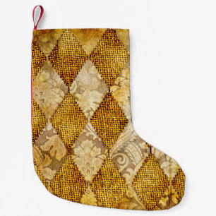 geometrische retroachtergrond in gouden kleuren kleine kerstsok