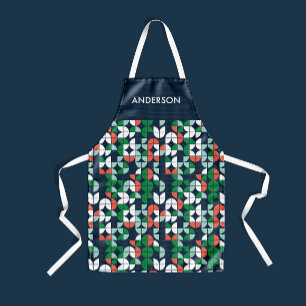 geometrische retroblauwe rode, moderne kerstavond schort