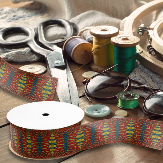 Geometrische rode Blauw en Gele Tribale Etnische Grosgrain Lint