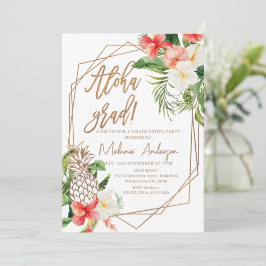 Geometrische Rode Floral Aloha Afstudeerder Afstud Kaart (Staand voorkant)