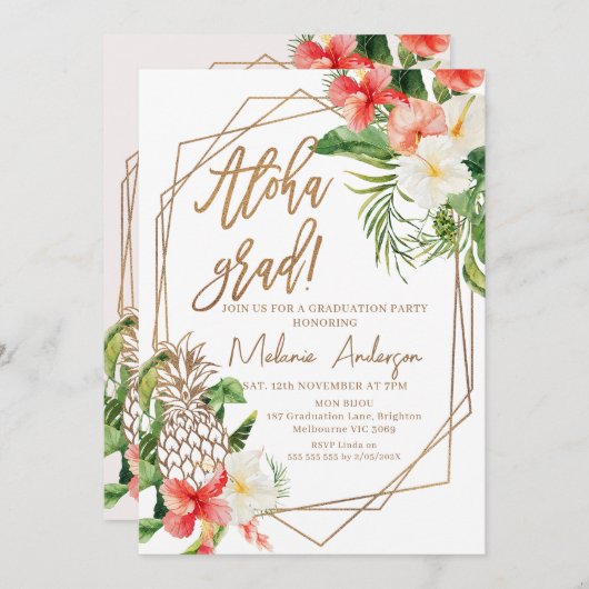 Geometrische Rode Floral Aloha Afstudeerder Afstud Kaart (Voorkant / Achterkant)