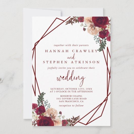 Geometrische rode roze Floral voor en achter huwel Kaart (Voorkant)