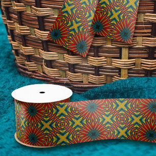 Geometrische Rood Blauw & Geel Vintage Tribal Etni Satijnen Lint