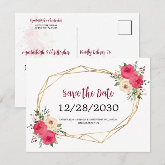 Geometrische Roze Bloemige Trouw 'Save the Date' Aankondigingskaart (Voorkant / Achterkant)