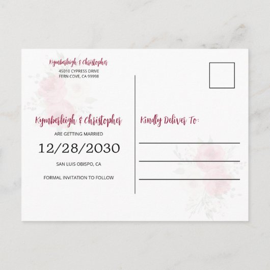 Geometrische Roze Bloemige Trouw 'Save the Date' Aankondigingskaart (Achterkant)