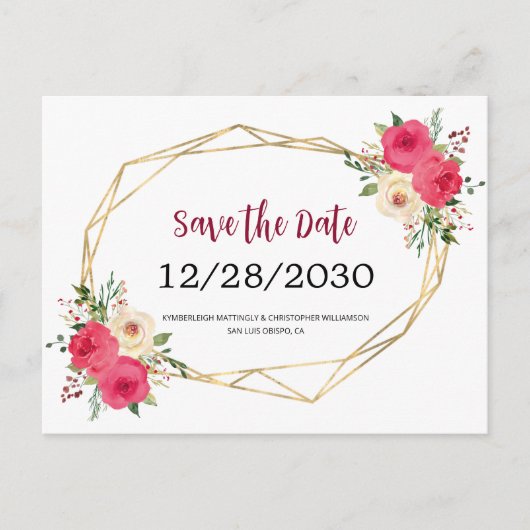 Geometrische Roze Bloemige Trouw 'Save the Date' Aankondigingskaart (Voorkant)