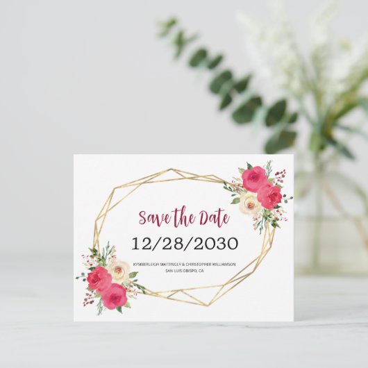 Geometrische Roze Bloemige Trouw 'Save the Date' Aankondigingskaart (Staand voorkant)