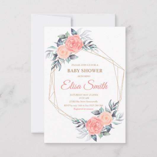 geometrische roze blozen baby shower meisje RSVP kaartje (Voorkant)