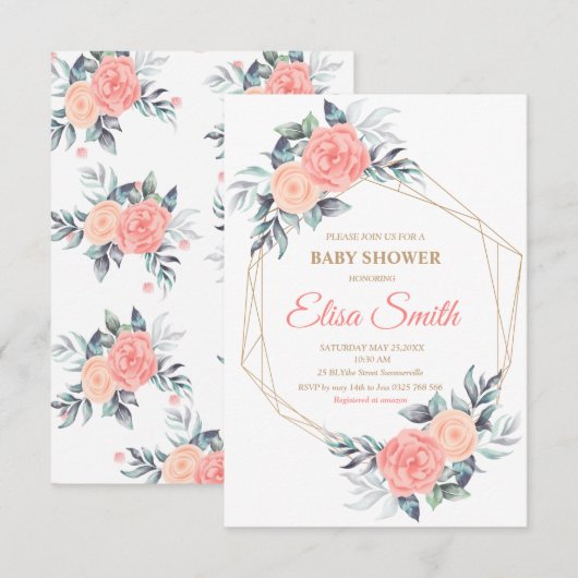 geometrische roze blozen baby shower meisje RSVP kaartje (Voorkant / Achterkant)