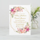 Geometrische roze blozen gouden foto's bruiloft kaart (Staand voorkant)