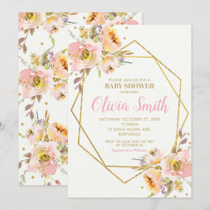 Geometrische Roze Blush Bloemen Baby shower Meisje Kaart