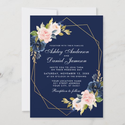 Geometrische roze blush Blue Floral Gold Wedding Kaart (Voorkant)