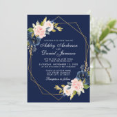Geometrische roze blush Blue Floral Gold Wedding Kaart (Staand voorkant)