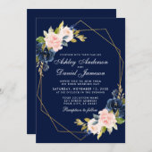 Geometrische roze blush Blue Floral Gold Wedding Kaart (Voorkant / Achterkant)