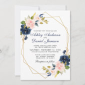 Geometrische roze blush Blue Floral Wedding Kaart (Voorkant)