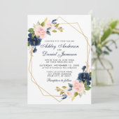 Geometrische roze blush Blue Floral Wedding Kaart (Staand voorkant)