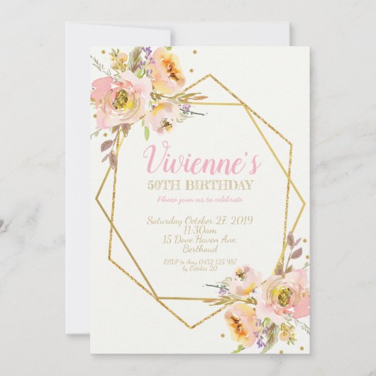 Geometrische roze Blush Floral Birthday Party 50th Kaart (Voorkant)