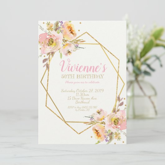 Geometrische roze Blush Floral Birthday Party 50th Kaart (Staand voorkant)