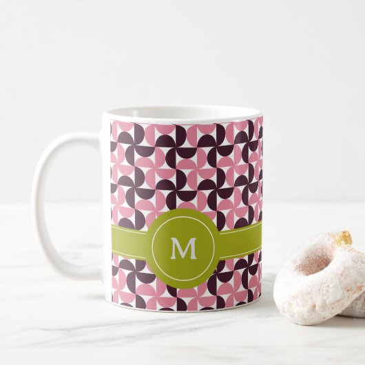 Geometrische roze Bourgundy Floral Green Limoen Mo Koffiemok (Met donut)