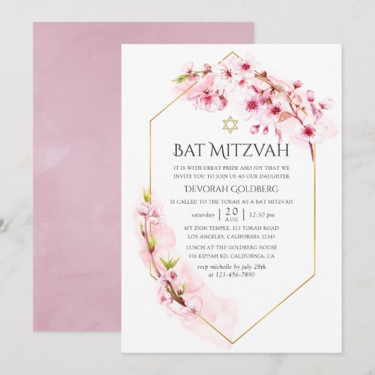 Geometrische roze Cherry Blossom Bat Mitzvah Kaart (Voorkant / Achterkant)
