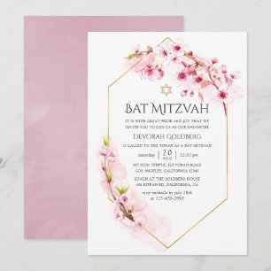 Geometrische roze Cherry Blossom Bat Mitzvah Kaart