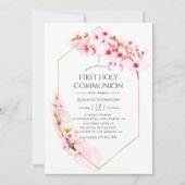Geometrische roze Cherry Blossom First Communie Kaart (Voorkant)