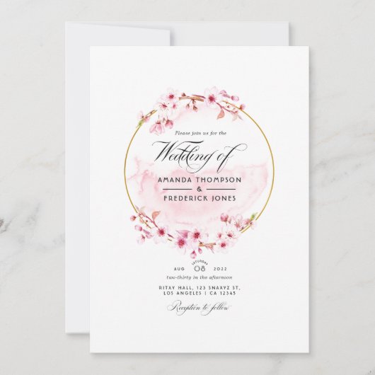 Geometrische roze Cherry Blossom QR Code RSVP Wedd Kaart (Voorkant)