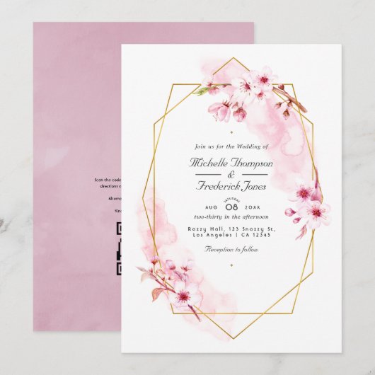 Geometrische roze Cherry Blossom QR Code RSVP Wedd Kaart (Voorkant / Achterkant)