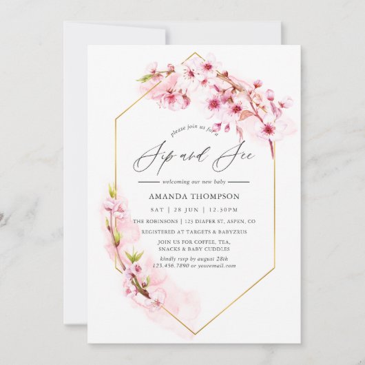 Geometrische roze Cherry Blossom Sip en See Party Kaart (Voorkant)