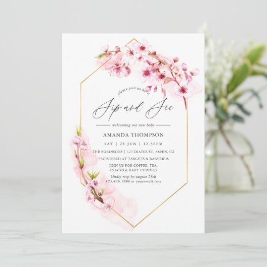 Geometrische roze Cherry Blossom Sip en See Party Kaart (Staand voorkant)