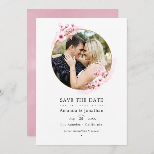 Geometrische roze Cherry Blossom Spring Weduwfoto Save The Date (Voorkant / Achterkant)