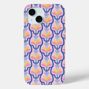 Geometrische roze en blauwe bloem iPhone 15 case