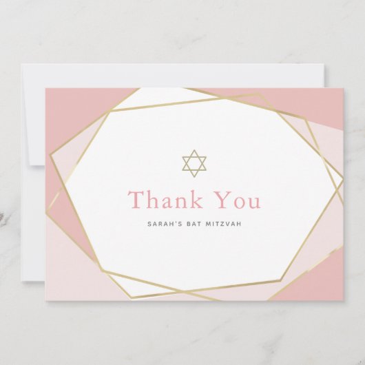 Geometrische roze en goudvlek Mitzvah Bedankkaart (Voorkant)