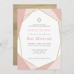 Geometrische roze en goudvlek Mitzvah Kaart<br><div class="desc">Deze moderne en chic Bat Mitzvah-uitnodiging bevat een witte achtergrond met faux gouden geometrische lijsten in roze. De achterzijde heeft een faux gouden achtergrond. Verander de achtergrondkleur en personaliseer deze voor uw behoeften. In mijn winkel kun je passende producten vinden.</div>