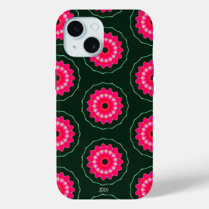Geometrische roze en groene bloemen iPhone 15 case