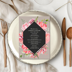 Geometrische roze Floral Gray Wedding Menu