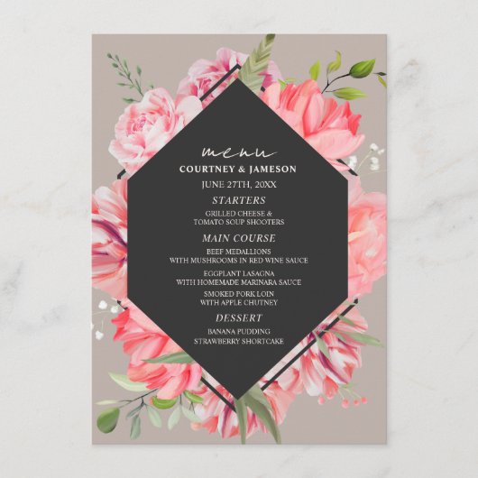 Geometrische roze Floral Gray Wedding Menu (Voorkant)