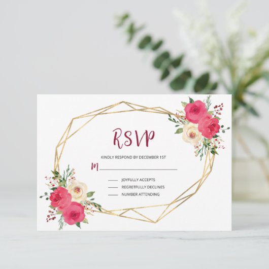 Geometrische Roze Gouden Waterverf Bloem Bruiloft RSVP Kaartje (Staand voorkant)