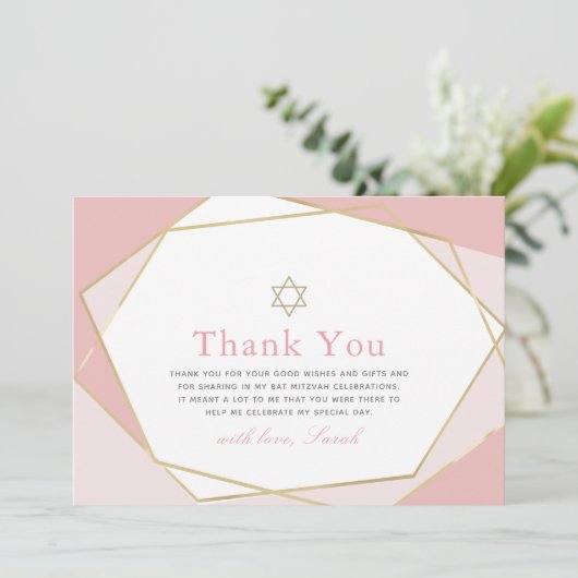 Geometrische roze & goudvlek Mitzvah Hartelijk dan Bedankkaart (Staand voorkant)