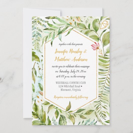 Geometrische Roze Groen Goud Botanicals Wedding Kaart (Voorkant)