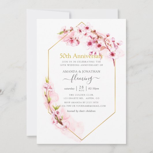 Geometrische Roze Kersenbloesem 50ste Verjaardag Kaart (Voorkant)
