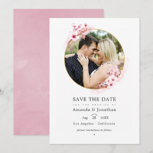 Geometrische roze kersenbloesem lente trouwfoto save the date
